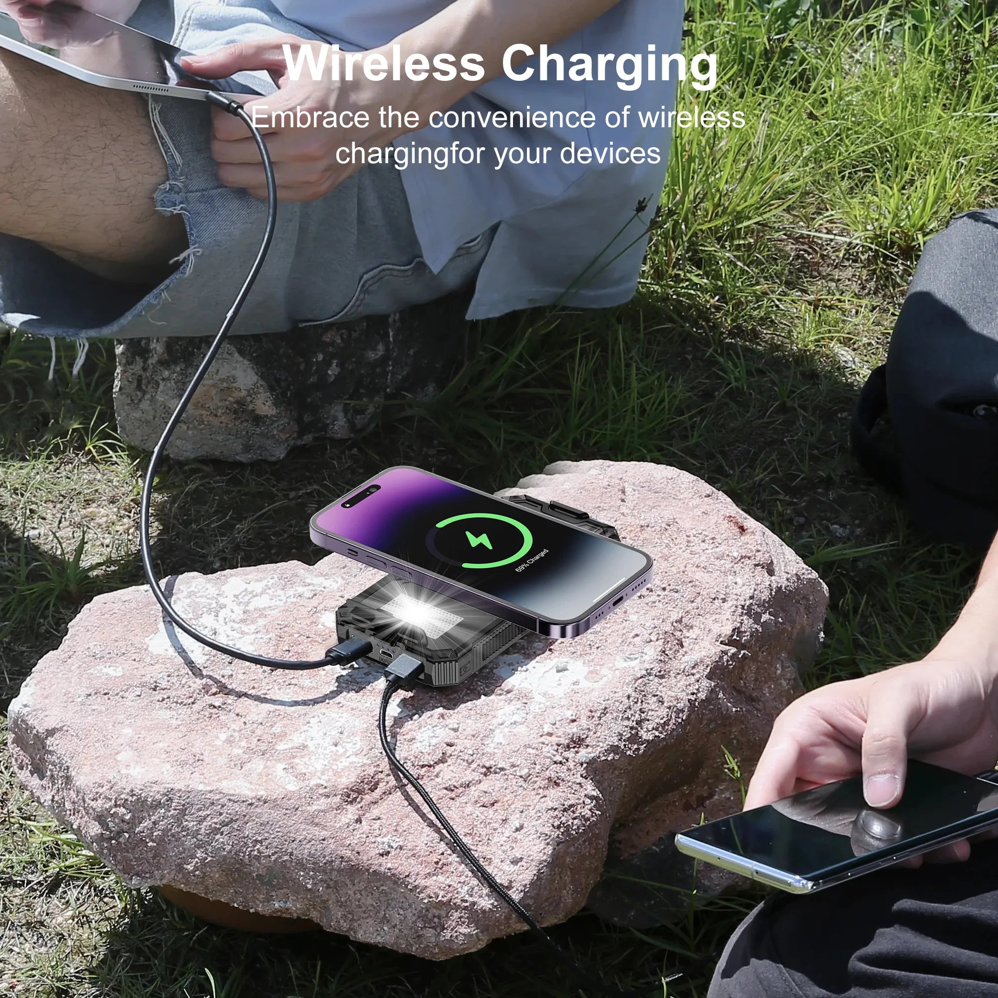 Solar Power Bank Wireless Charger 20,000mAh,Portable Solar Powered USB C Input/Output with Camping Flashlight for Cell Phone