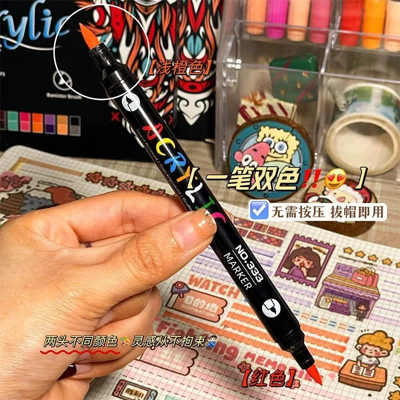 Professional Art Use 48-Color Acrylic Paint Markers, Dual-Tip Fine and Brush Tip Pens, Suitable for Stone, Wood, Calligraphy