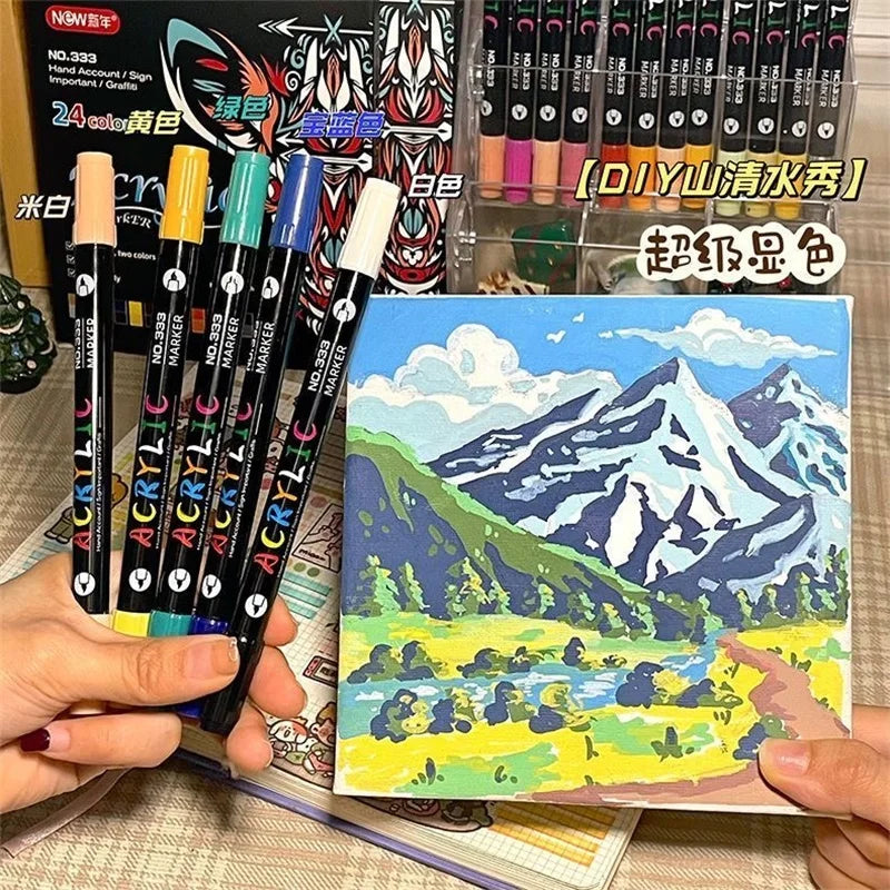 Professional Art Use 48-Color Acrylic Paint Markers, Dual-Tip Fine and Brush Tip Pens, Suitable for Stone, Wood, Calligraphy