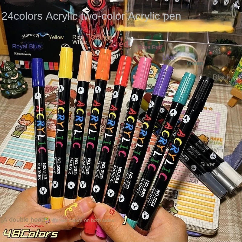 Professional Art Use 48-Color Acrylic Paint Markers, Dual-Tip Fine and Brush Tip Pens, Suitable for Stone, Wood, Calligraphy